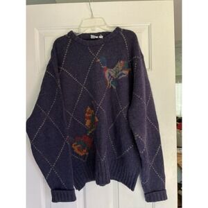 Vintage 100% Wool Argyle Sweater With Duck Mallard Navy Blue Hong Kong